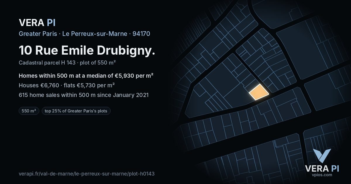 10 Rue Emile Drubigny, Le Perreux-sur-Marne at night – the plot lit, the parcels around coloured by the prices near them
