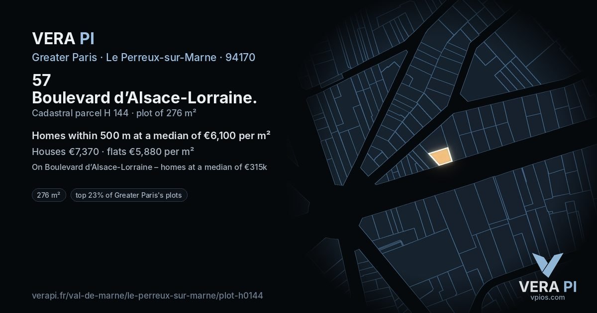 57 Boulevard d’Alsace-Lorraine, Le Perreux-sur-Marne at night – the plot lit, the parcels around coloured by the prices near them