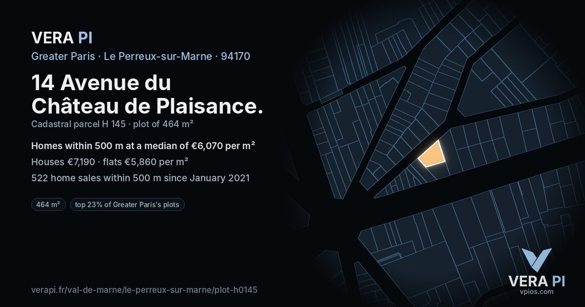 14 Avenue du Château de Plaisance, Le Perreux-sur-Marne at night – the plot lit, the parcels around coloured by the prices near them