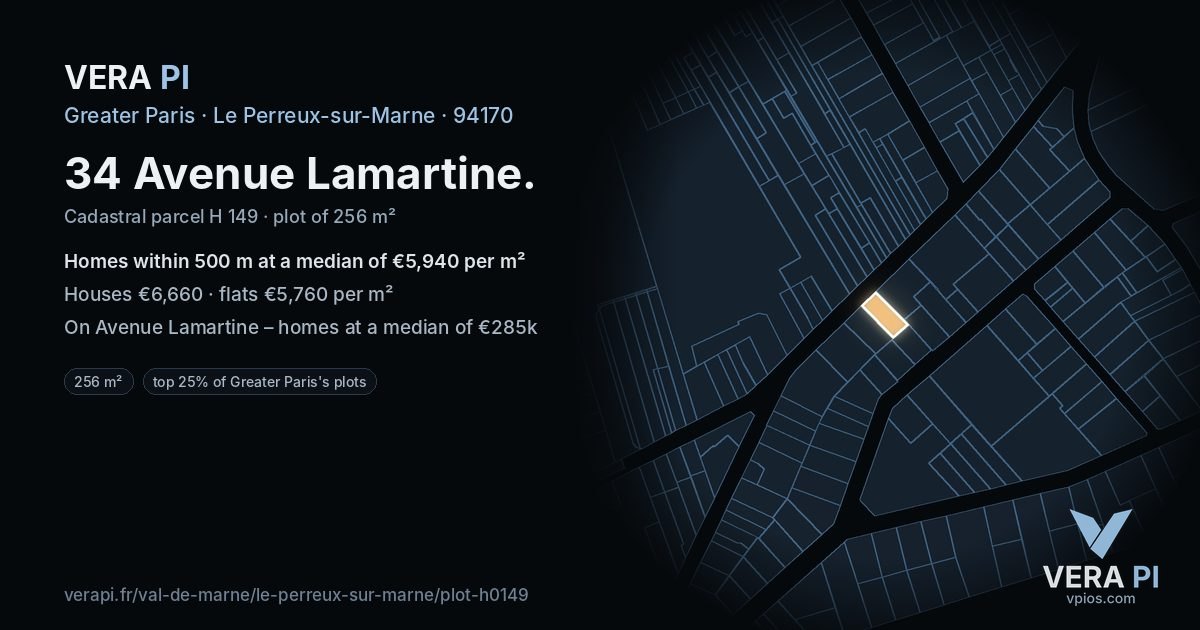 34 Avenue Lamartine, Le Perreux-sur-Marne at night – the plot lit, the parcels around coloured by the prices near them