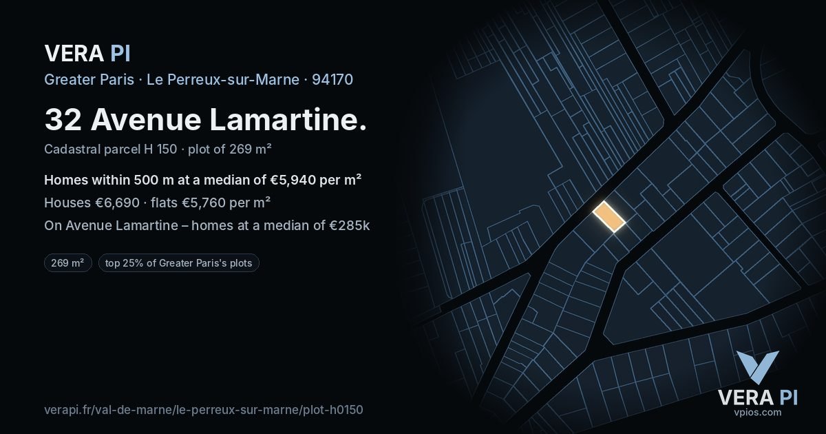 32 Avenue Lamartine, Le Perreux-sur-Marne at night – the plot lit, the parcels around coloured by the prices near them
