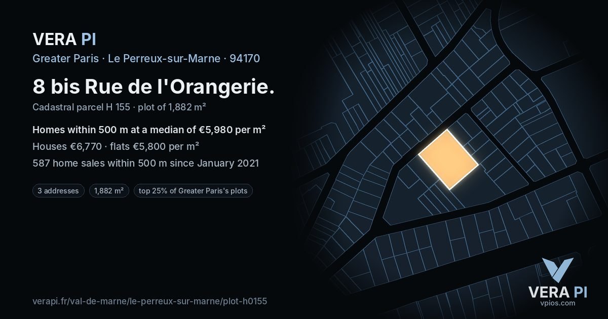 8 bis Rue de l'Orangerie, Le Perreux-sur-Marne at night – the plot lit, the parcels around coloured by the prices near them