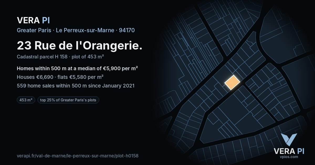 23 Rue de l'Orangerie, Le Perreux-sur-Marne at night – the plot lit, the parcels around coloured by the prices near them