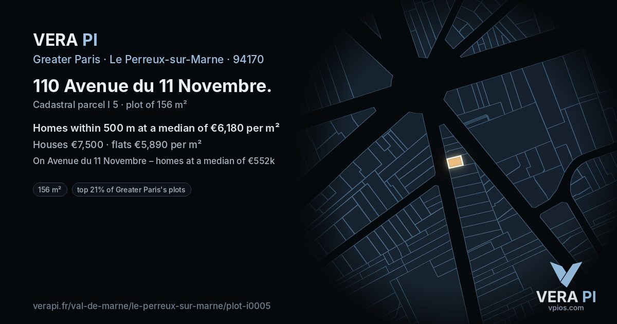 110 Avenue du 11 Novembre, Le Perreux-sur-Marne at night – the plot lit, the parcels around coloured by the prices near them
