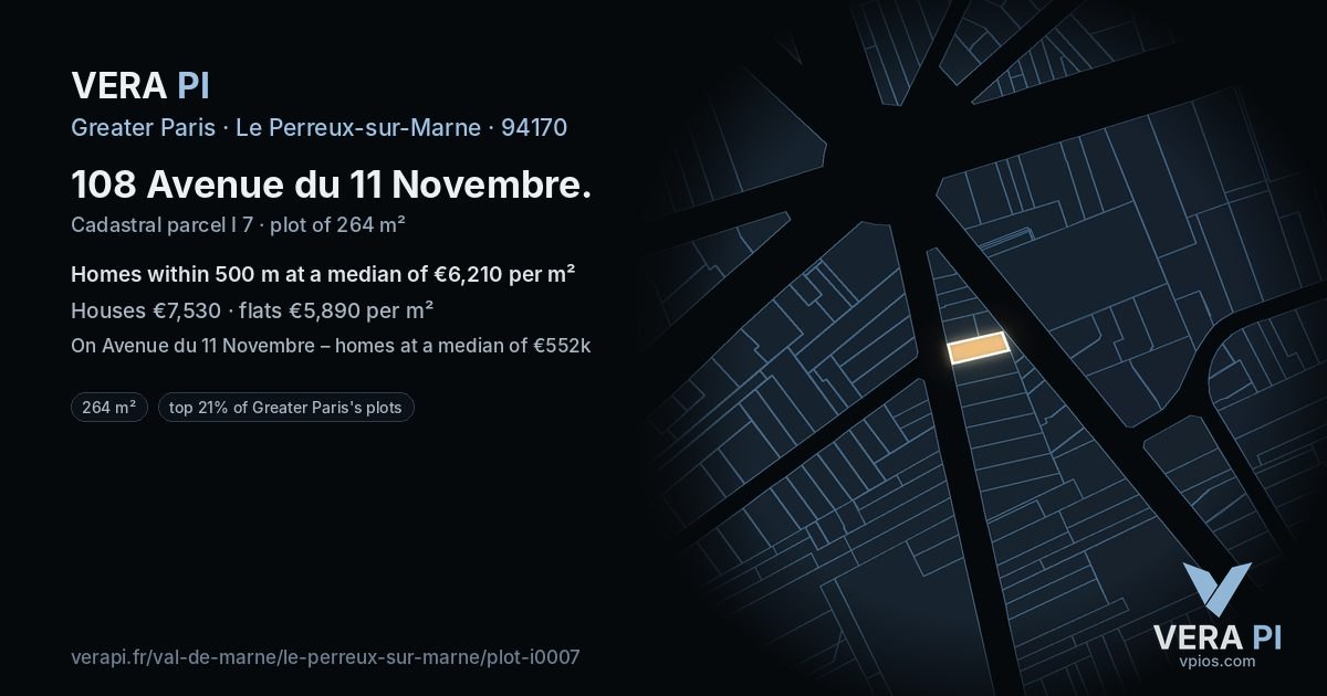 108 Avenue du 11 Novembre, Le Perreux-sur-Marne at night – the plot lit, the parcels around coloured by the prices near them