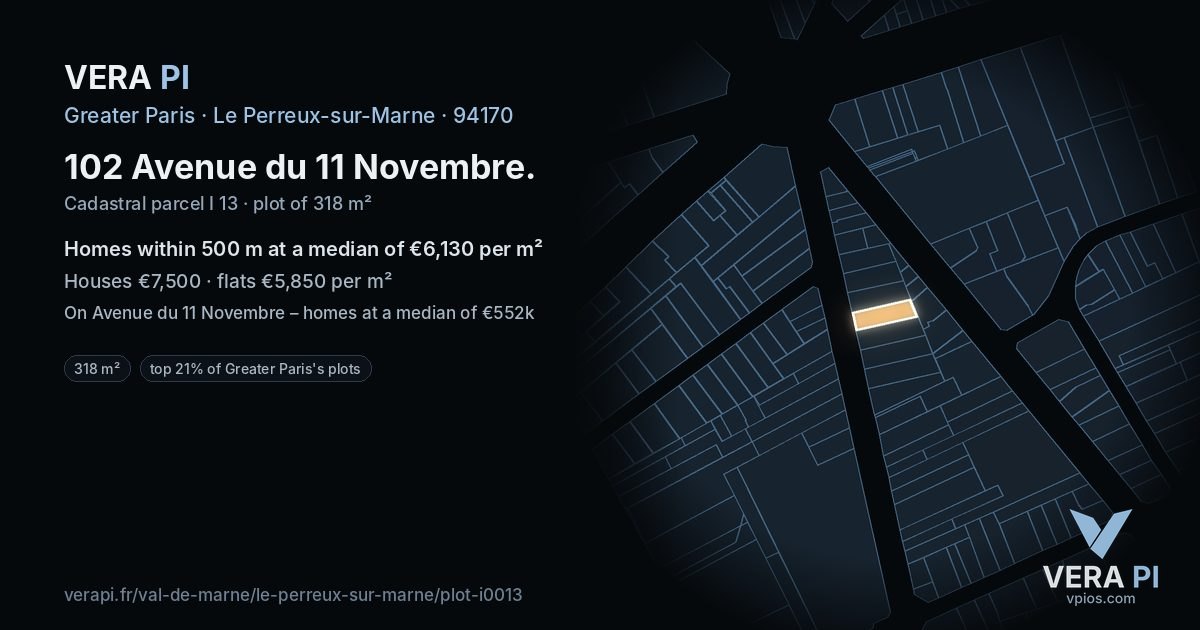 102 Avenue du 11 Novembre, Le Perreux-sur-Marne at night – the plot lit, the parcels around coloured by the prices near them