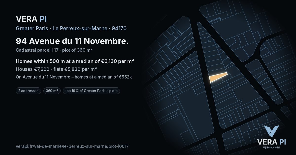 94 Avenue du 11 Novembre, Le Perreux-sur-Marne at night – the plot lit, the parcels around coloured by the prices near them