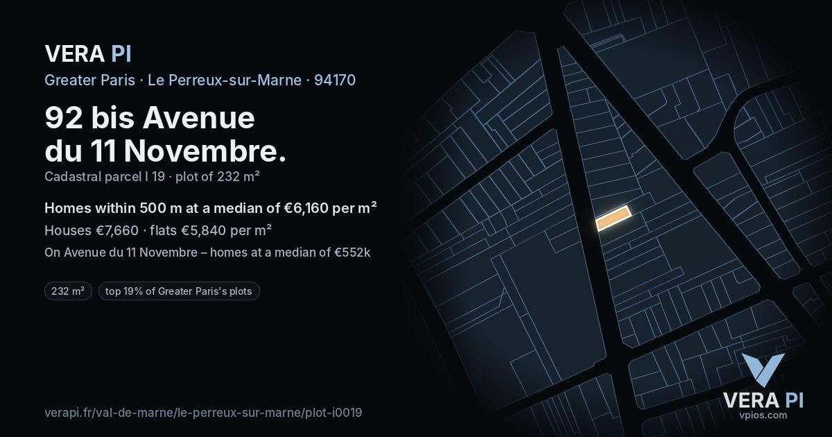 92 bis Avenue du 11 Novembre, Le Perreux-sur-Marne at night – the plot lit, the parcels around coloured by the prices near them
