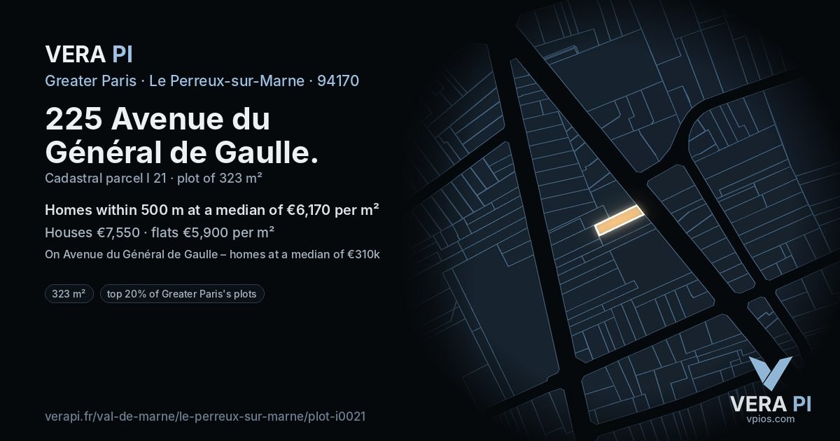 225 Avenue du Général de Gaulle, Le Perreux-sur-Marne at night – the plot lit, the parcels around coloured by the prices near them