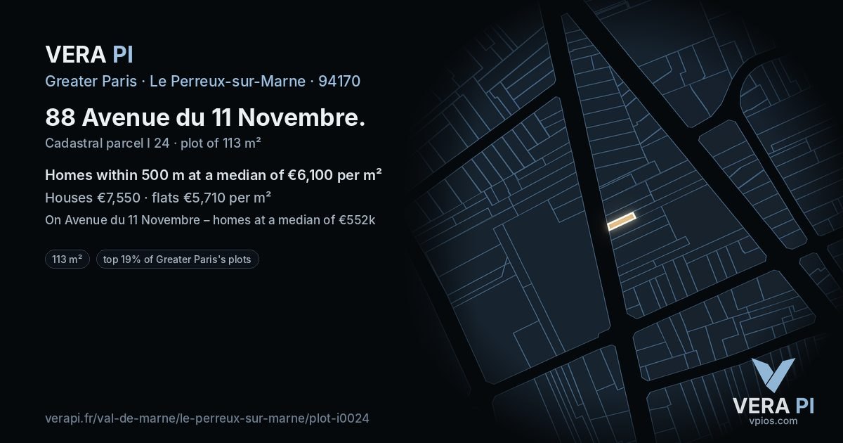88 Avenue du 11 Novembre, Le Perreux-sur-Marne at night – the plot lit, the parcels around coloured by the prices near them