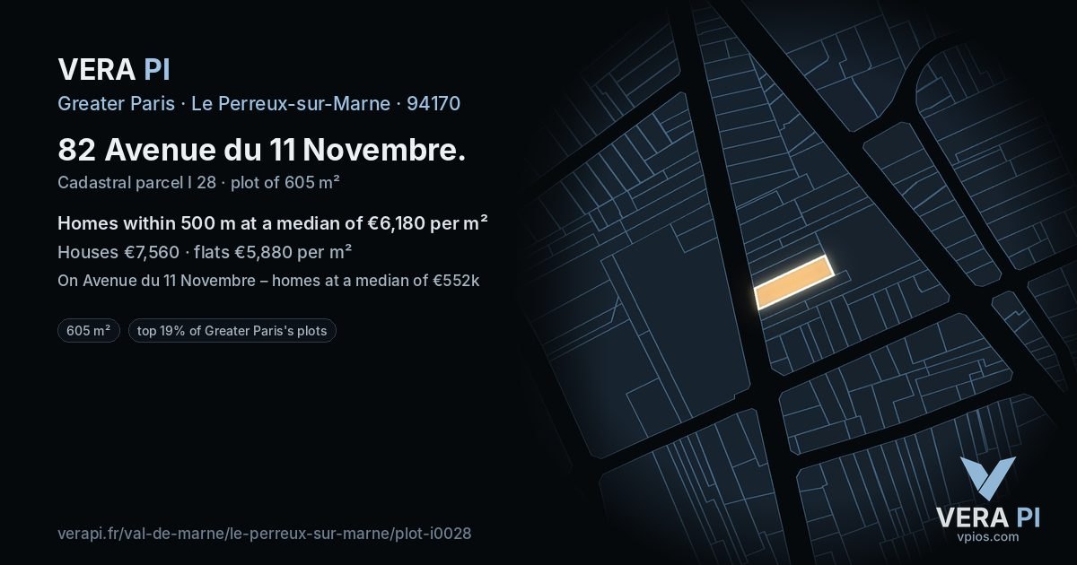 82 Avenue du 11 Novembre, Le Perreux-sur-Marne at night – the plot lit, the parcels around coloured by the prices near them