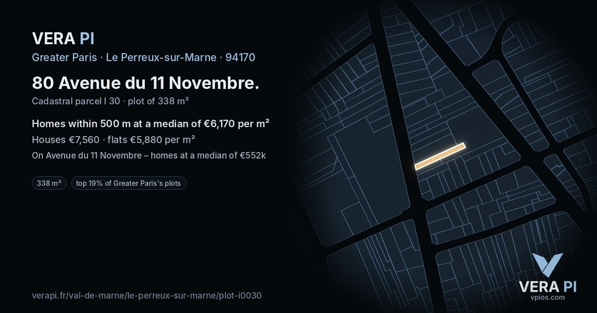80 Avenue du 11 Novembre, Le Perreux-sur-Marne at night – the plot lit, the parcels around coloured by the prices near them