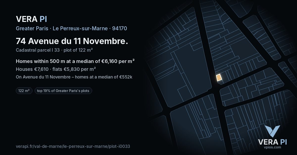 74 Avenue du 11 Novembre, Le Perreux-sur-Marne at night – the plot lit, the parcels around coloured by the prices near them