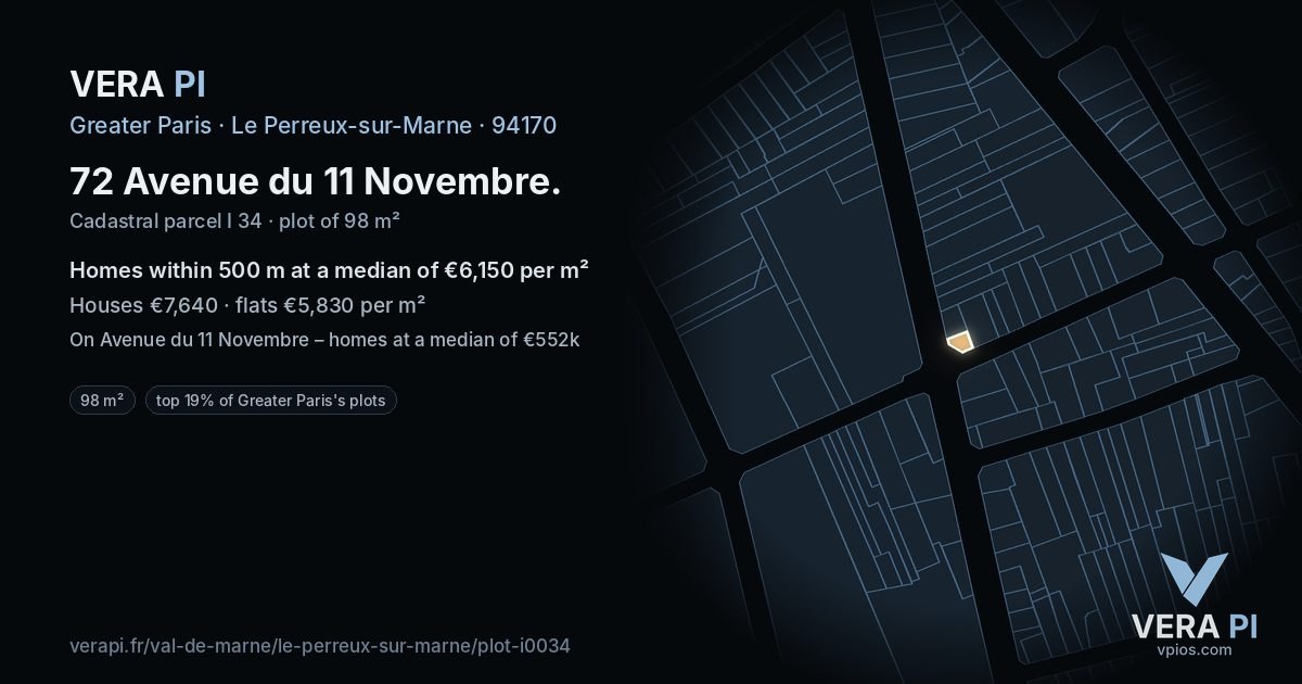 72 Avenue du 11 Novembre, Le Perreux-sur-Marne at night – the plot lit, the parcels around coloured by the prices near them