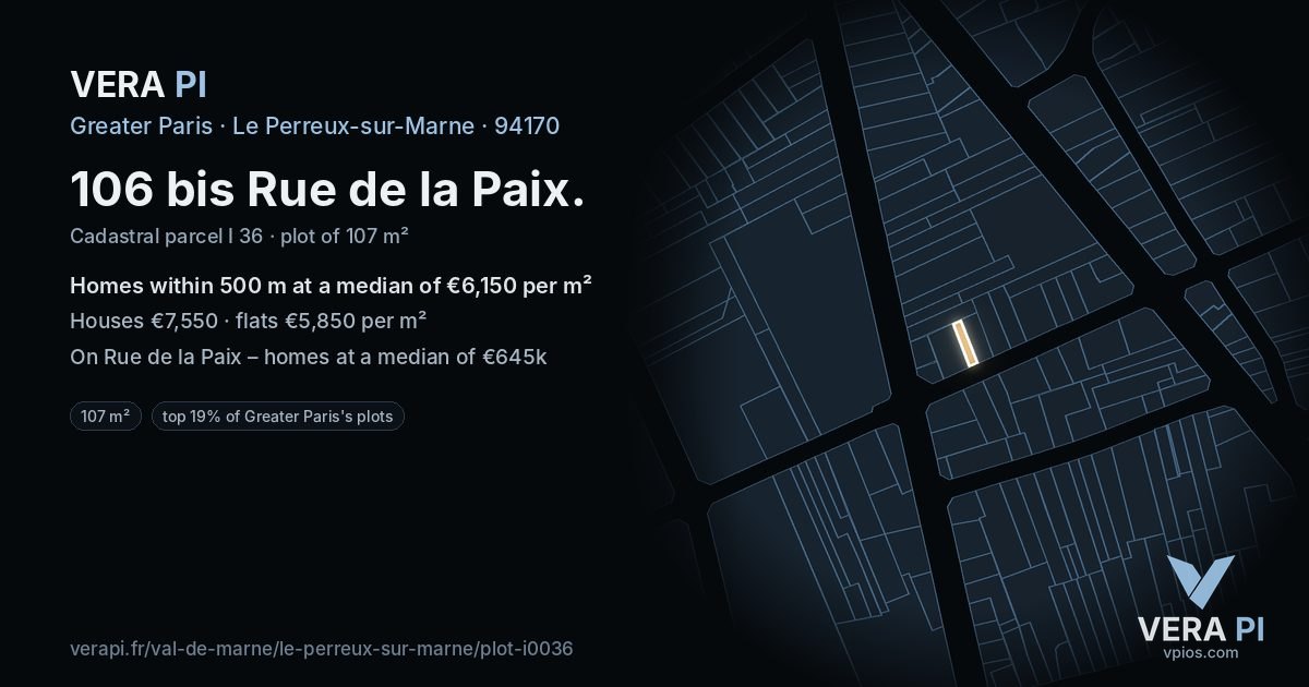 106 bis Rue de la Paix, Le Perreux-sur-Marne at night – the plot lit, the parcels around coloured by the prices near them