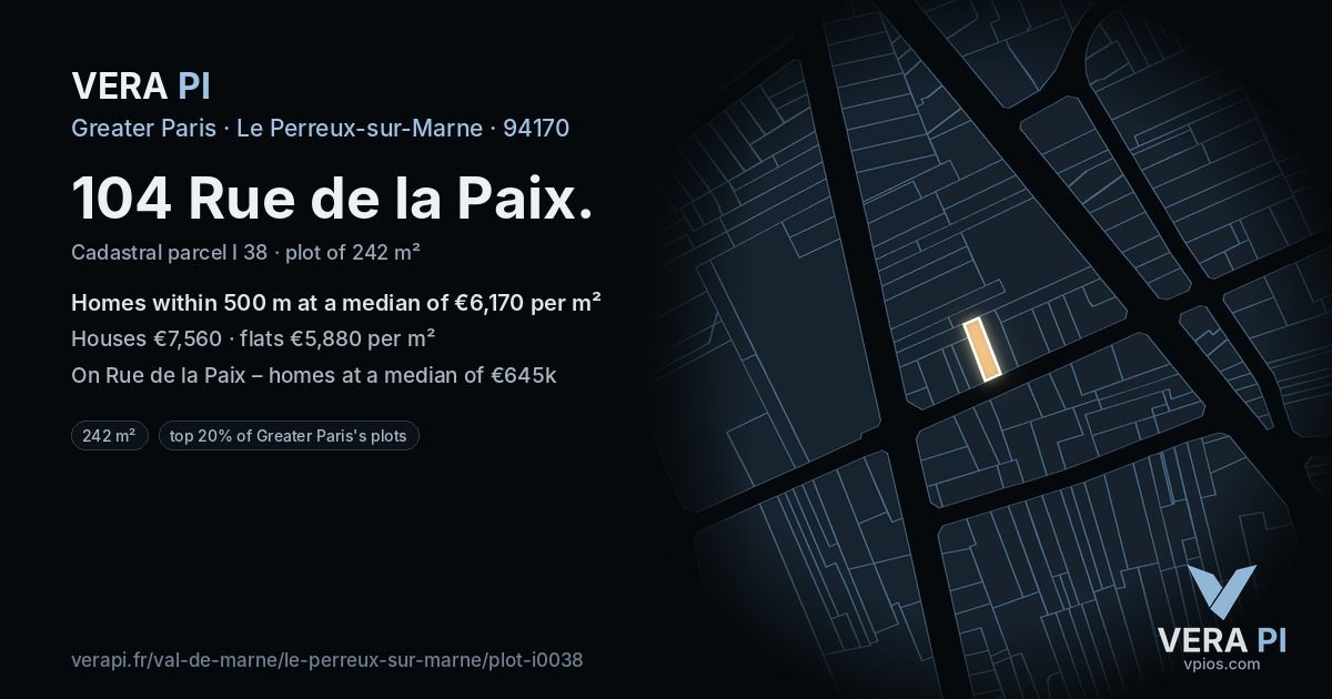 104 Rue de la Paix, Le Perreux-sur-Marne at night – the plot lit, the parcels around coloured by the prices near them