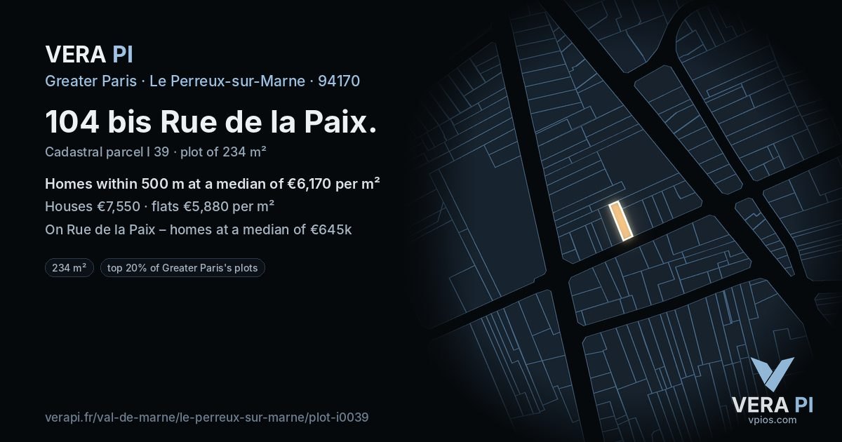 104 bis Rue de la Paix, Le Perreux-sur-Marne at night – the plot lit, the parcels around coloured by the prices near them
