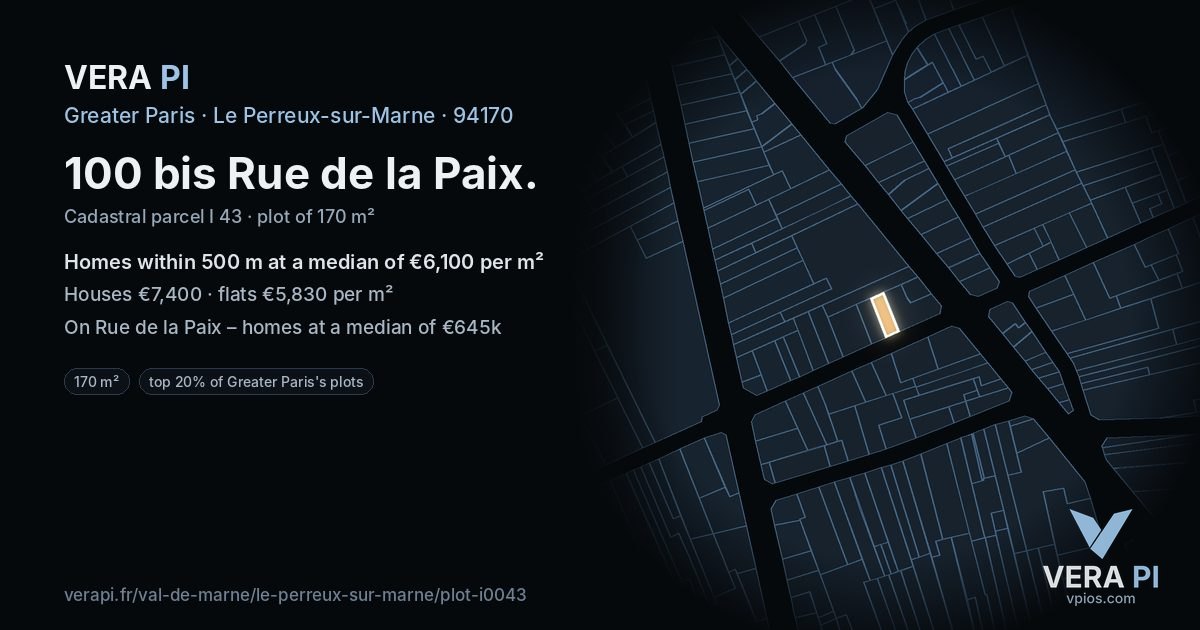 100 bis Rue de la Paix, Le Perreux-sur-Marne at night – the plot lit, the parcels around coloured by the prices near them