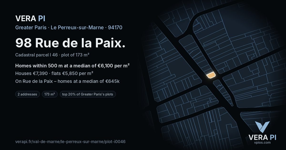 98 Rue de la Paix, Le Perreux-sur-Marne at night – the plot lit, the parcels around coloured by the prices near them