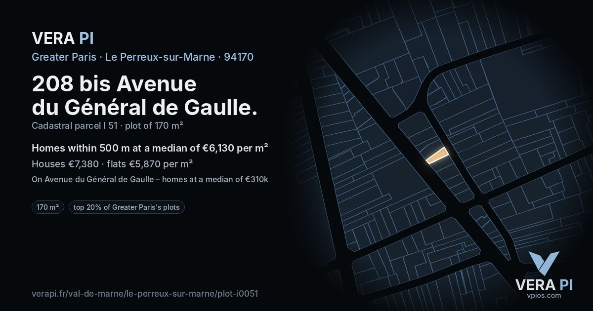 208 bis Avenue du Général de Gaulle, Le Perreux-sur-Marne at night – the plot lit, the parcels around coloured by the prices near them