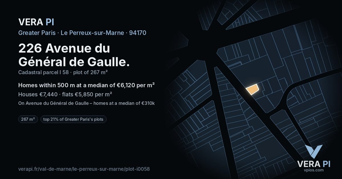 226 Avenue du Général de Gaulle, Le Perreux-sur-Marne at night – the plot lit, the parcels around coloured by the prices near them