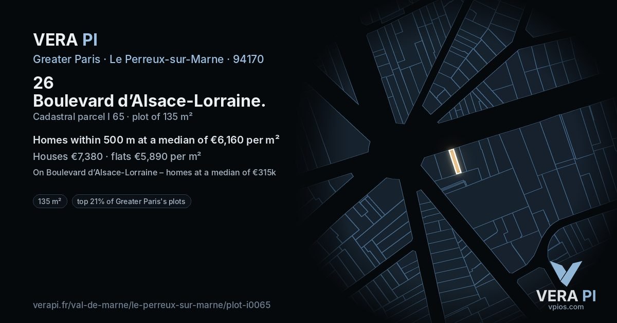 26 Boulevard d’Alsace-Lorraine, Le Perreux-sur-Marne at night – the plot lit, the parcels around coloured by the prices near them