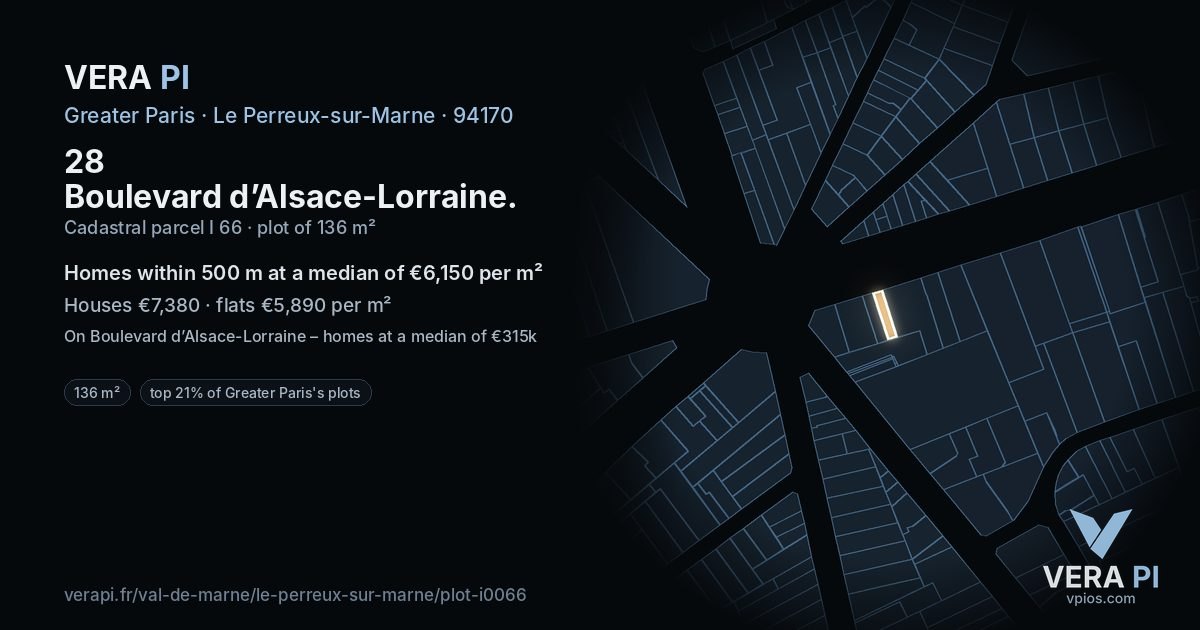 28 Boulevard d’Alsace-Lorraine, Le Perreux-sur-Marne at night – the plot lit, the parcels around coloured by the prices near them