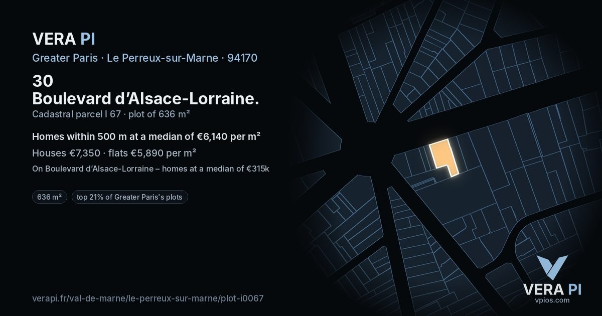 30 Boulevard d’Alsace-Lorraine, Le Perreux-sur-Marne at night – the plot lit, the parcels around coloured by the prices near them