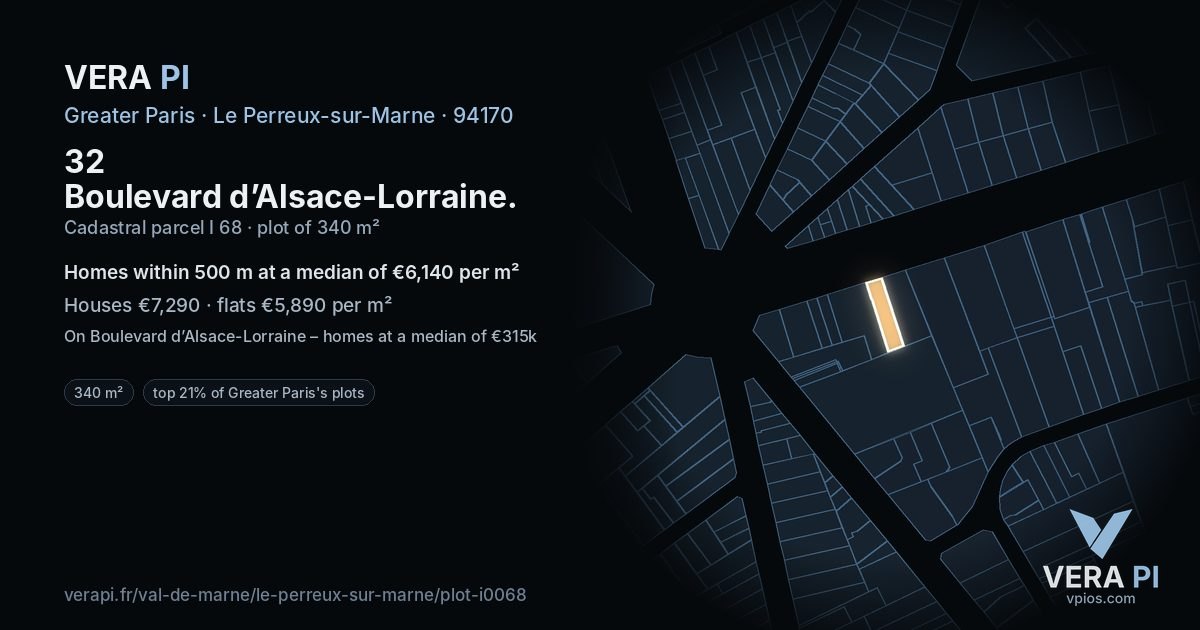32 Boulevard d’Alsace-Lorraine, Le Perreux-sur-Marne at night – the plot lit, the parcels around coloured by the prices near them