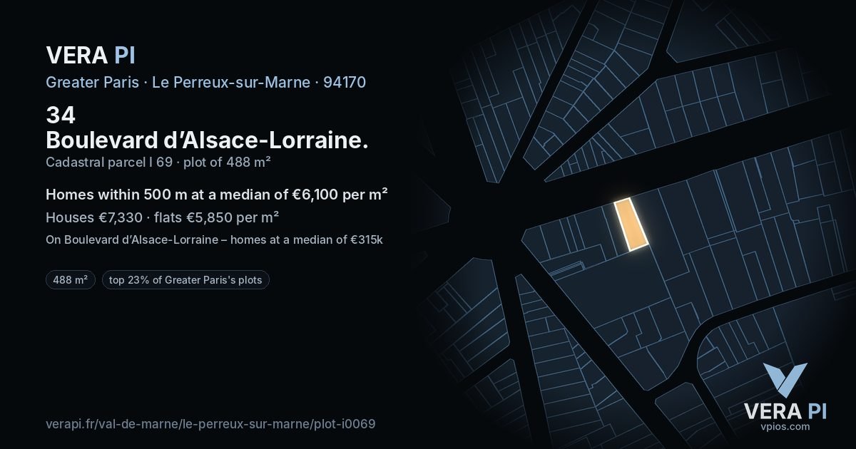 34 Boulevard d’Alsace-Lorraine, Le Perreux-sur-Marne at night – the plot lit, the parcels around coloured by the prices near them