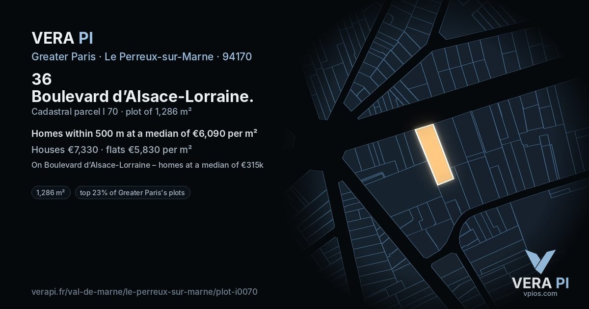 36 Boulevard d’Alsace-Lorraine, Le Perreux-sur-Marne at night – the plot lit, the parcels around coloured by the prices near them