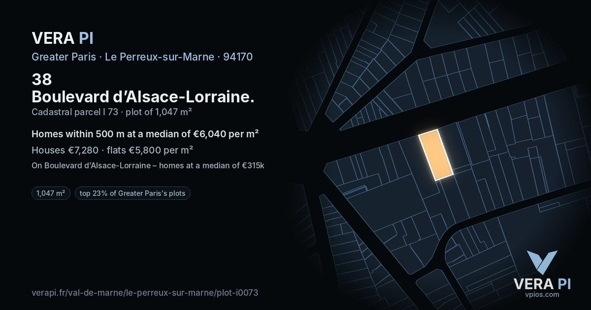 38 Boulevard d’Alsace-Lorraine, Le Perreux-sur-Marne at night – the plot lit, the parcels around coloured by the prices near them