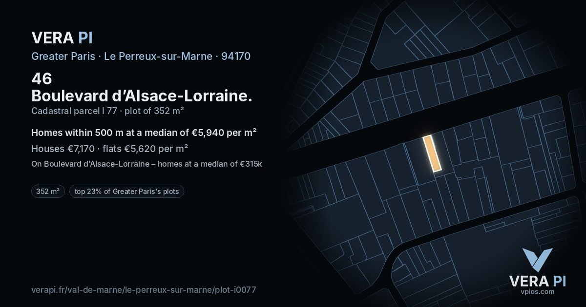 46 Boulevard d’Alsace-Lorraine, Le Perreux-sur-Marne at night – the plot lit, the parcels around coloured by the prices near them