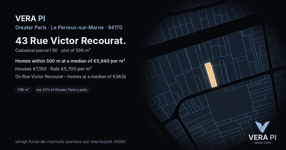 43 Rue Victor Recourat, Le Perreux-sur-Marne at night – the plot lit, the parcels around coloured by the prices near them