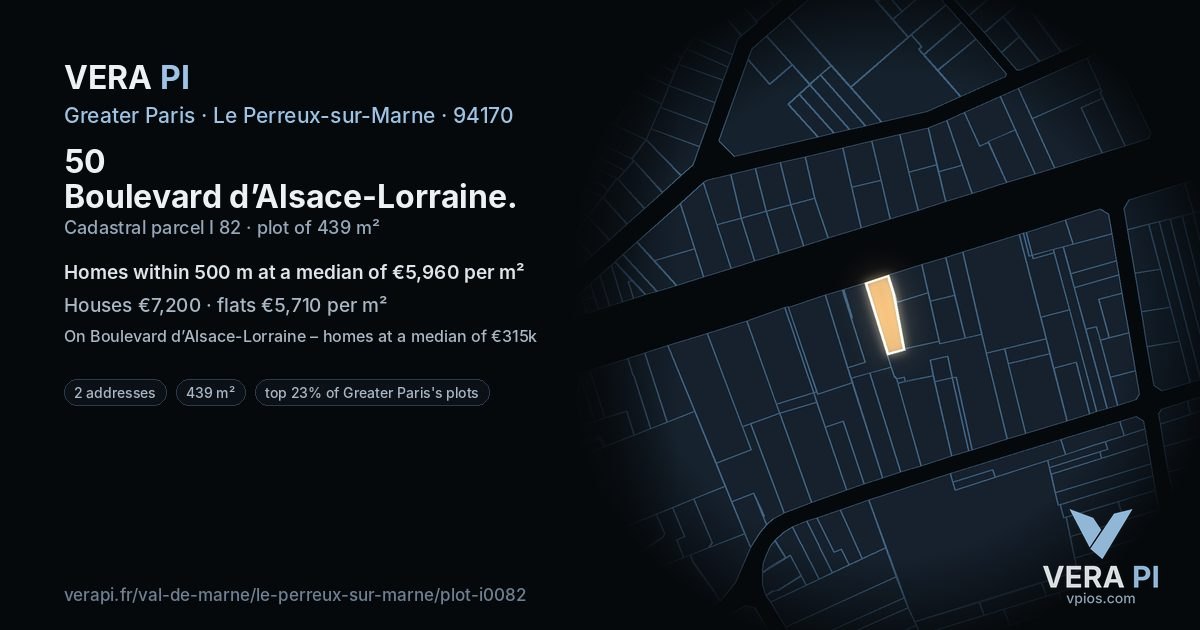50 Boulevard d’Alsace-Lorraine, Le Perreux-sur-Marne at night – the plot lit, the parcels around coloured by the prices near them
