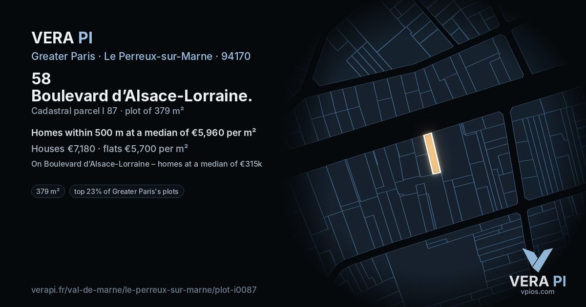 58 Boulevard d’Alsace-Lorraine, Le Perreux-sur-Marne at night – the plot lit, the parcels around coloured by the prices near them