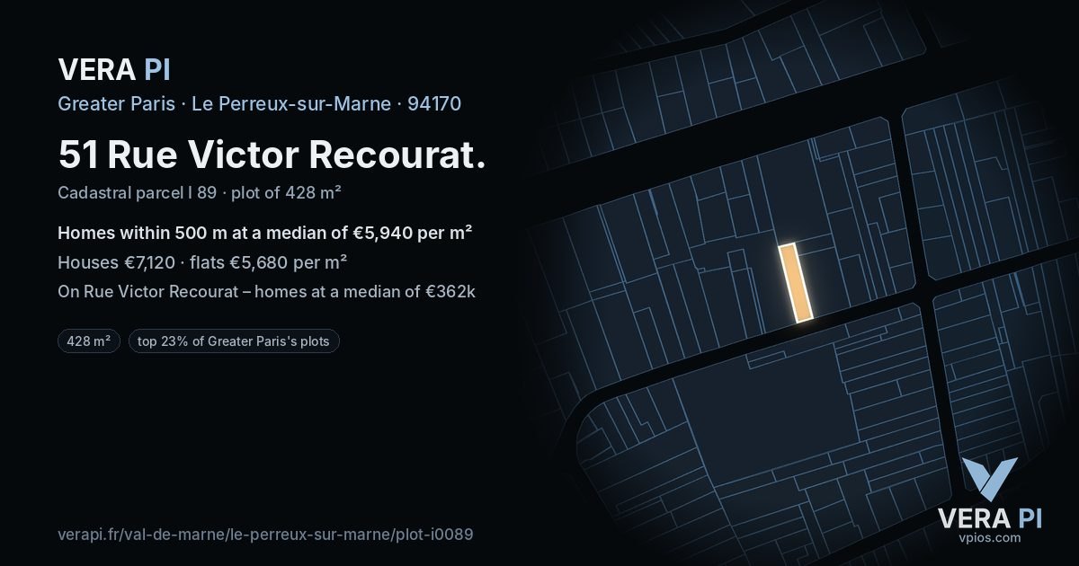 51 Rue Victor Recourat, Le Perreux-sur-Marne at night – the plot lit, the parcels around coloured by the prices near them
