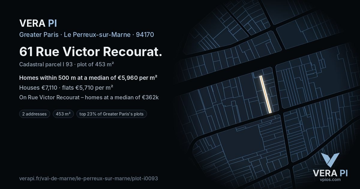 61 Rue Victor Recourat, Le Perreux-sur-Marne at night – the plot lit, the parcels around coloured by the prices near them