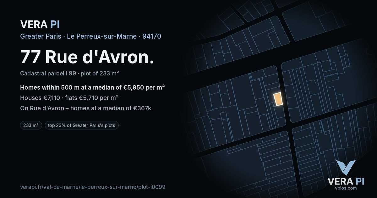 77 Rue d'Avron, Le Perreux-sur-Marne at night – the plot lit, the parcels around coloured by the prices near them