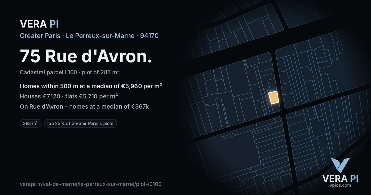 75 Rue d'Avron, Le Perreux-sur-Marne at night – the plot lit, the parcels around coloured by the prices near them