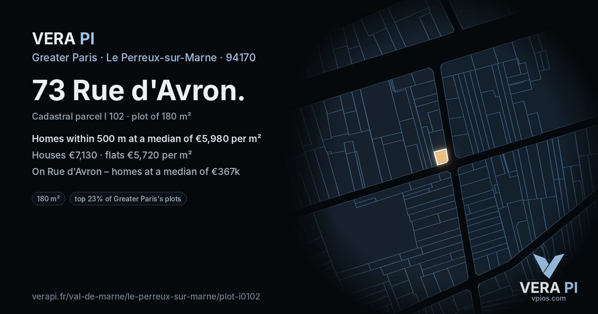 73 Rue d'Avron, Le Perreux-sur-Marne at night – the plot lit, the parcels around coloured by the prices near them