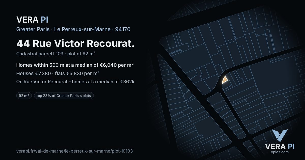 44 Rue Victor Recourat, Le Perreux-sur-Marne at night – the plot lit, the parcels around coloured by the prices near them
