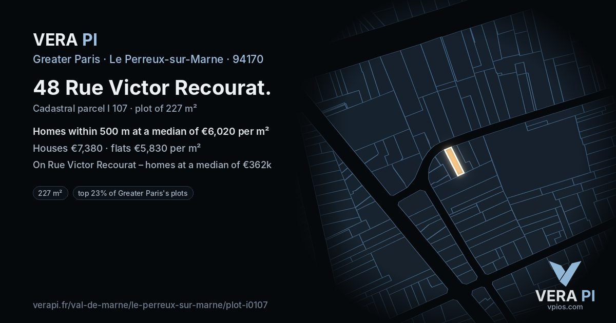 48 Rue Victor Recourat, Le Perreux-sur-Marne at night – the plot lit, the parcels around coloured by the prices near them