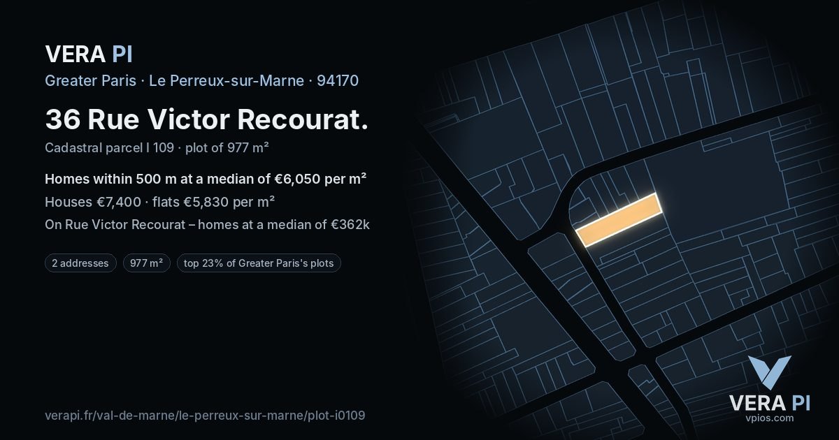 36 Rue Victor Recourat, Le Perreux-sur-Marne at night – the plot lit, the parcels around coloured by the prices near them