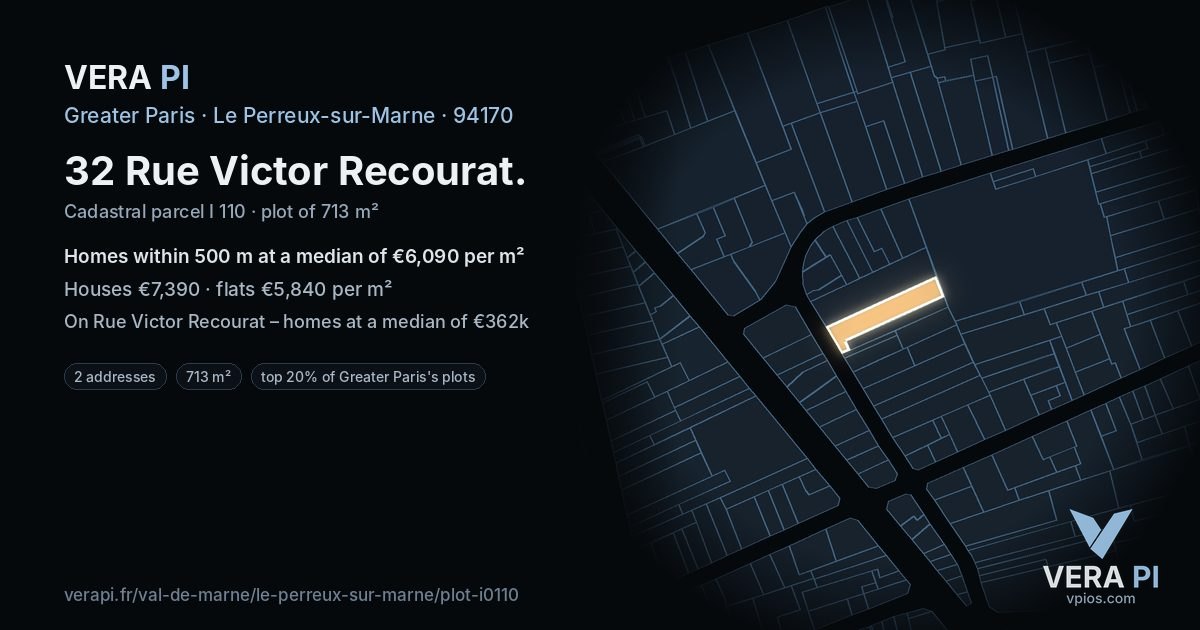 32 Rue Victor Recourat, Le Perreux-sur-Marne at night – the plot lit, the parcels around coloured by the prices near them