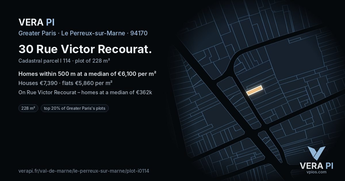 30 Rue Victor Recourat, Le Perreux-sur-Marne at night – the plot lit, the parcels around coloured by the prices near them