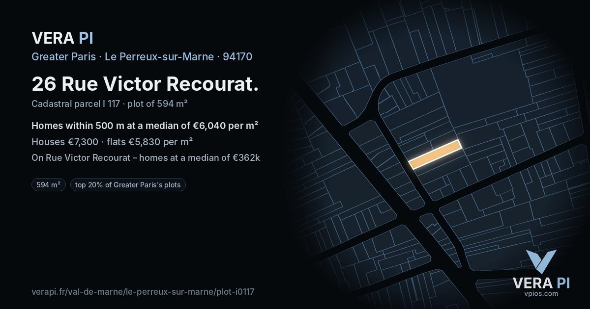 26 Rue Victor Recourat, Le Perreux-sur-Marne at night – the plot lit, the parcels around coloured by the prices near them