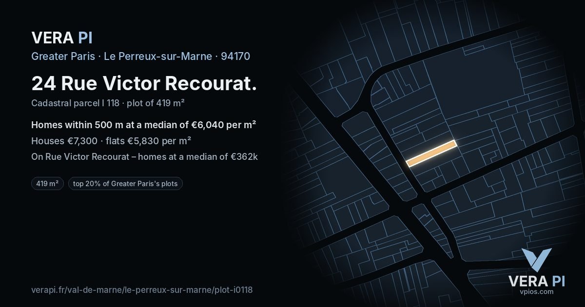 24 Rue Victor Recourat, Le Perreux-sur-Marne at night – the plot lit, the parcels around coloured by the prices near them