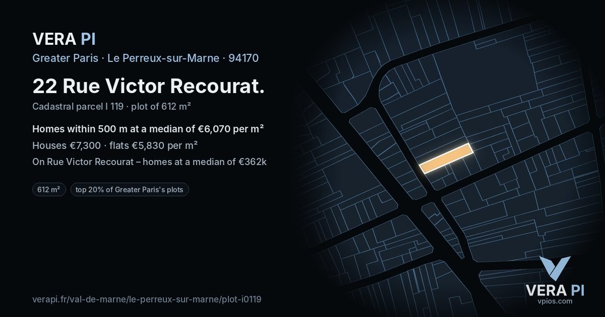 22 Rue Victor Recourat, Le Perreux-sur-Marne at night – the plot lit, the parcels around coloured by the prices near them
