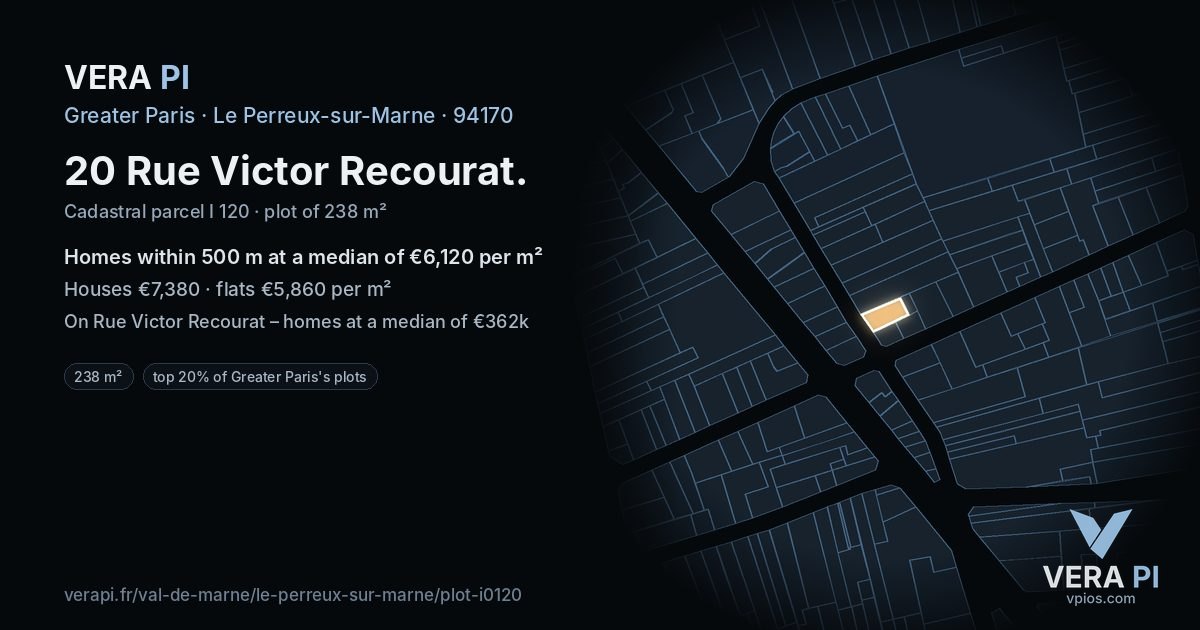 20 Rue Victor Recourat, Le Perreux-sur-Marne at night – the plot lit, the parcels around coloured by the prices near them